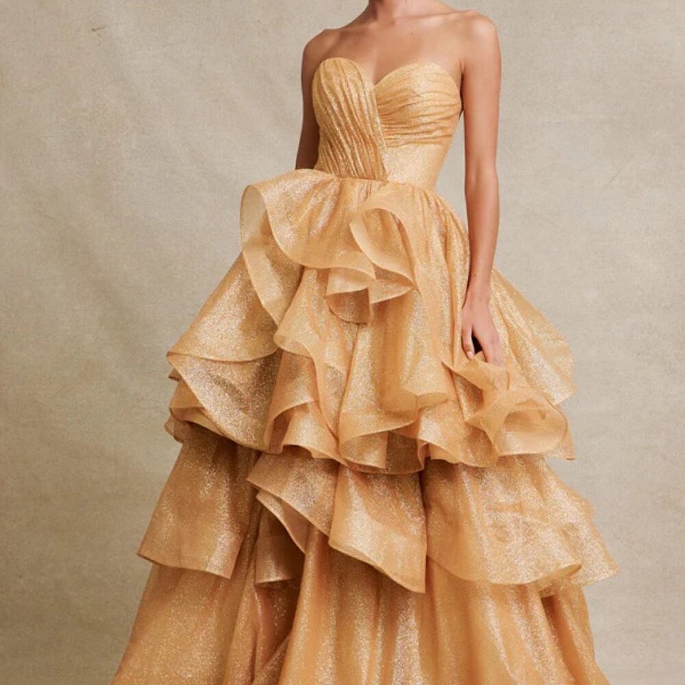 Gold formal Dress. Strapless two piece prom homecoming evening ball gown